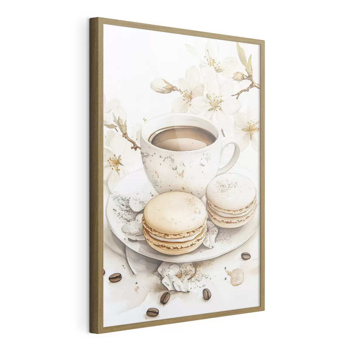Poster Taza de café con macarrones, estilo acuarela, colores suaves, flores de jazmín f41949