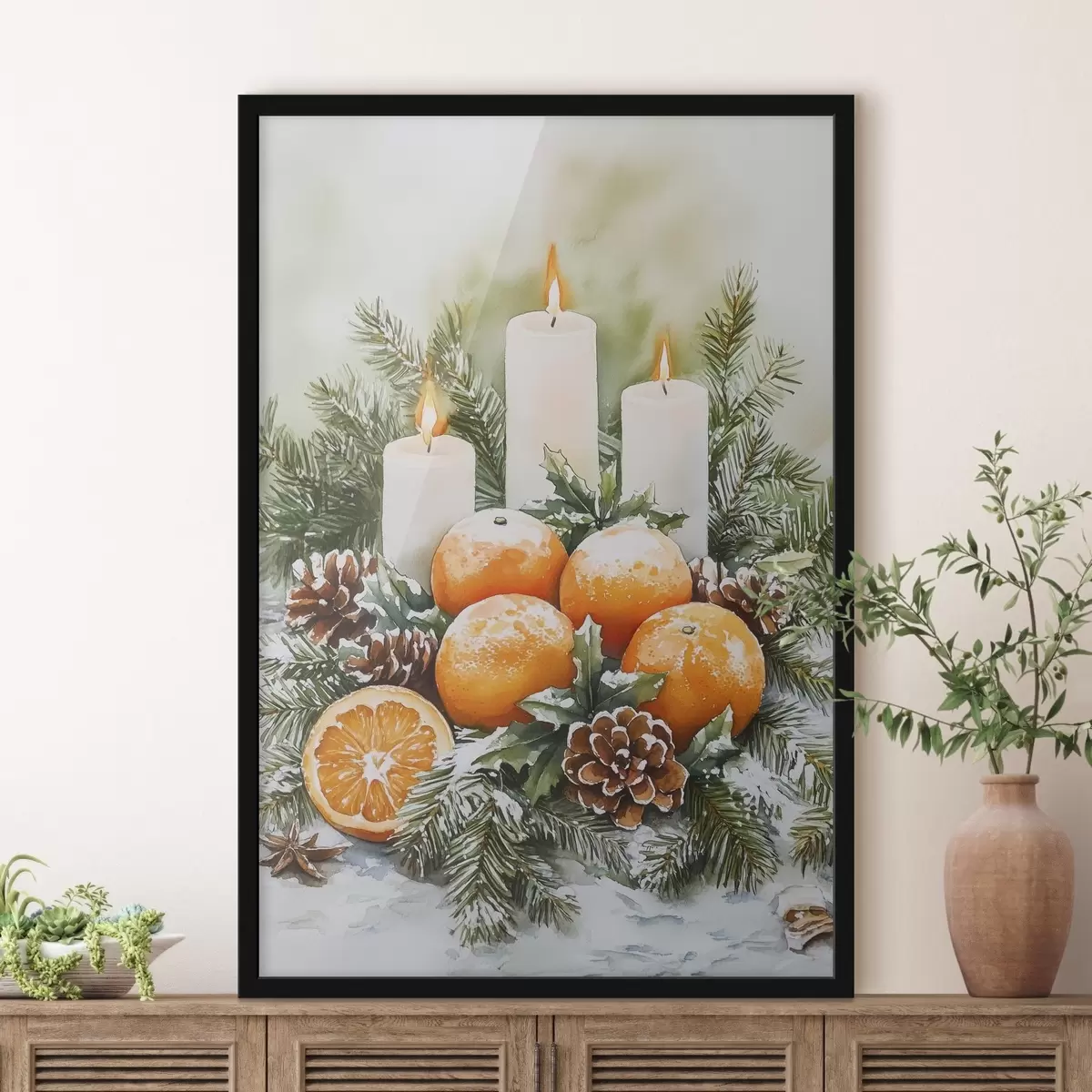 Poster Decoración navideña con velas, pino, piñas y naranjas, estilo acuarela f41951