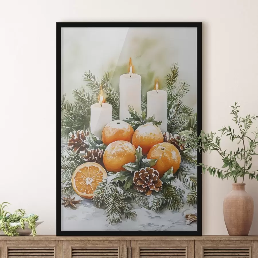 murales de pared Decoración navideña con velas, pino, piñas y naranjas, estilo acuarela f41951