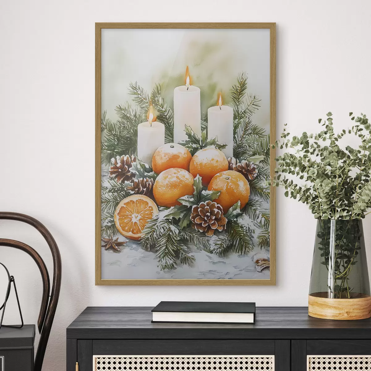 Poster Decoración navideña con velas, pino, piñas y naranjas, estilo acuarela f41951