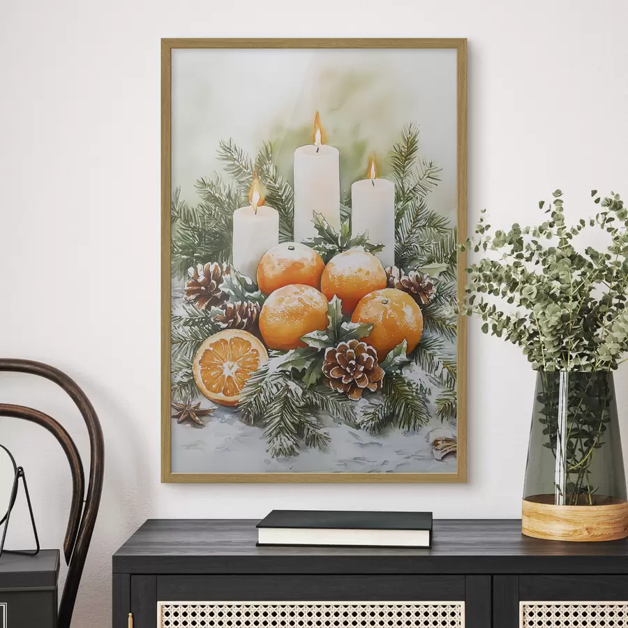 murales de pared Decoración navideña con velas, pino, piñas y naranjas, estilo acuarela f41951