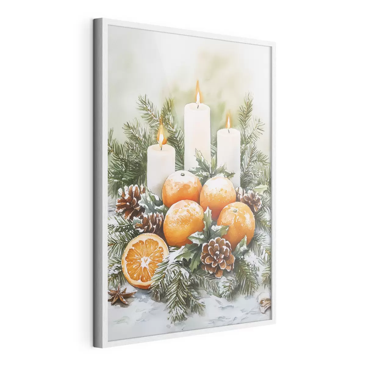 Poster Decoración navideña con velas, pino, piñas y naranjas, estilo acuarela f41951