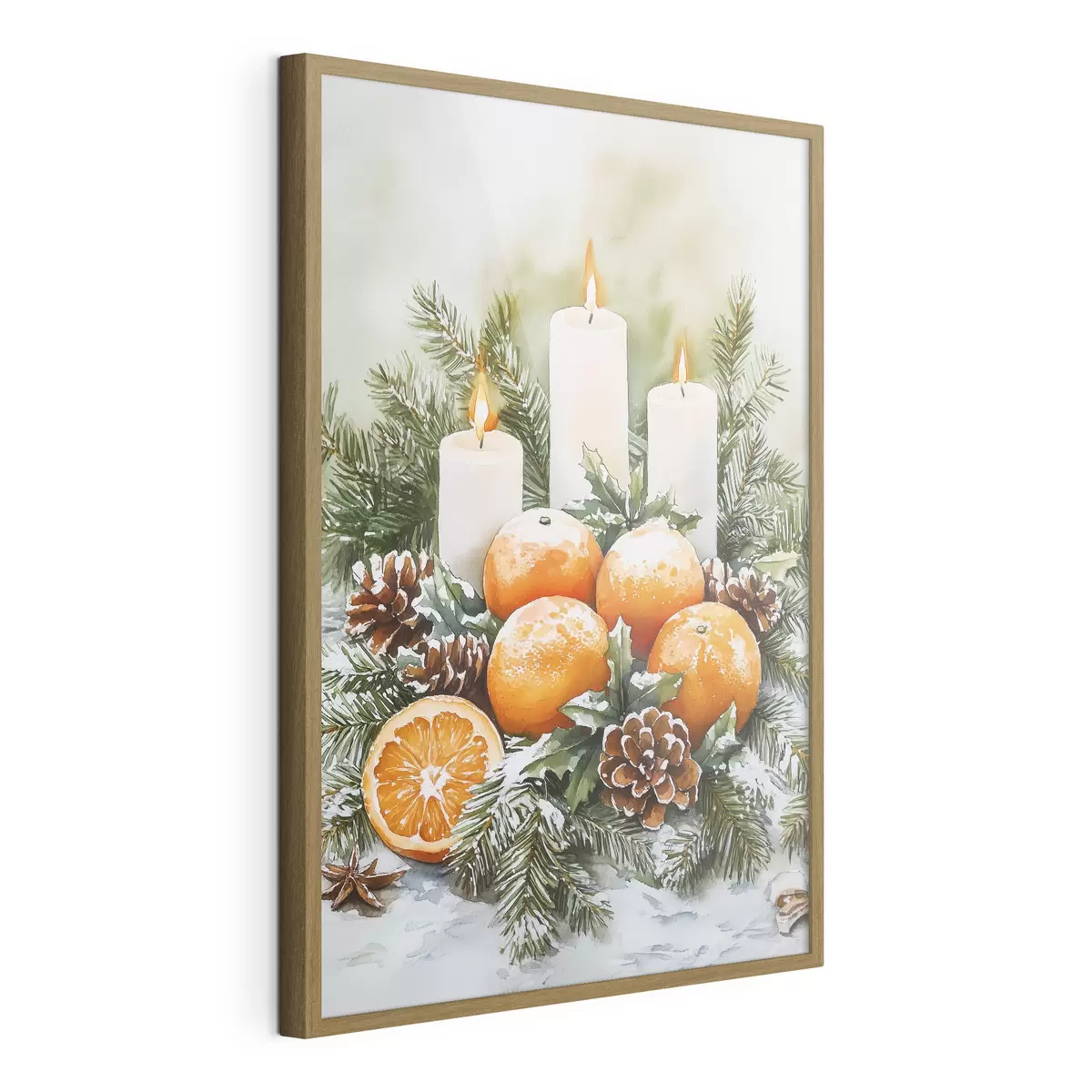 Poster Decoración navideña con velas, pino, piñas y naranjas, estilo acuarela f41951