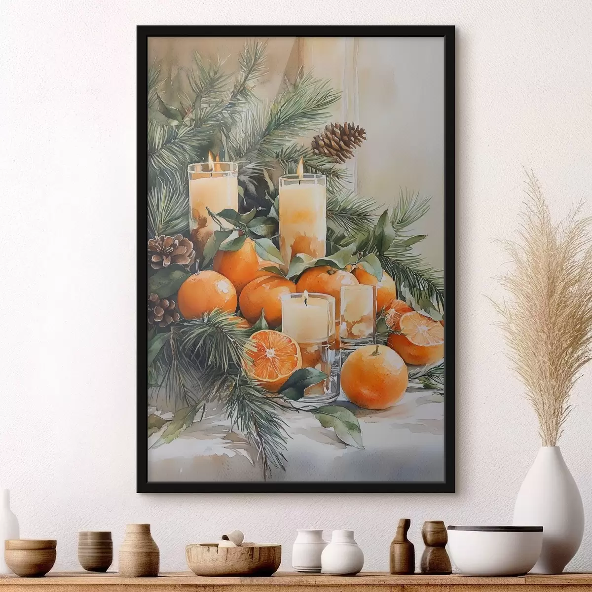 Poster Ramas de pino con piñas, naranjas y velas, estilo festivo, acuarela f41956