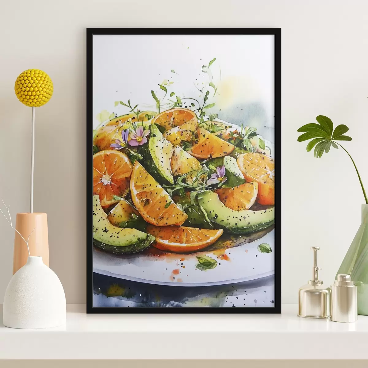 Poster Ensalada estilo acuarela con calabaza, naranjas y aguacate f41957