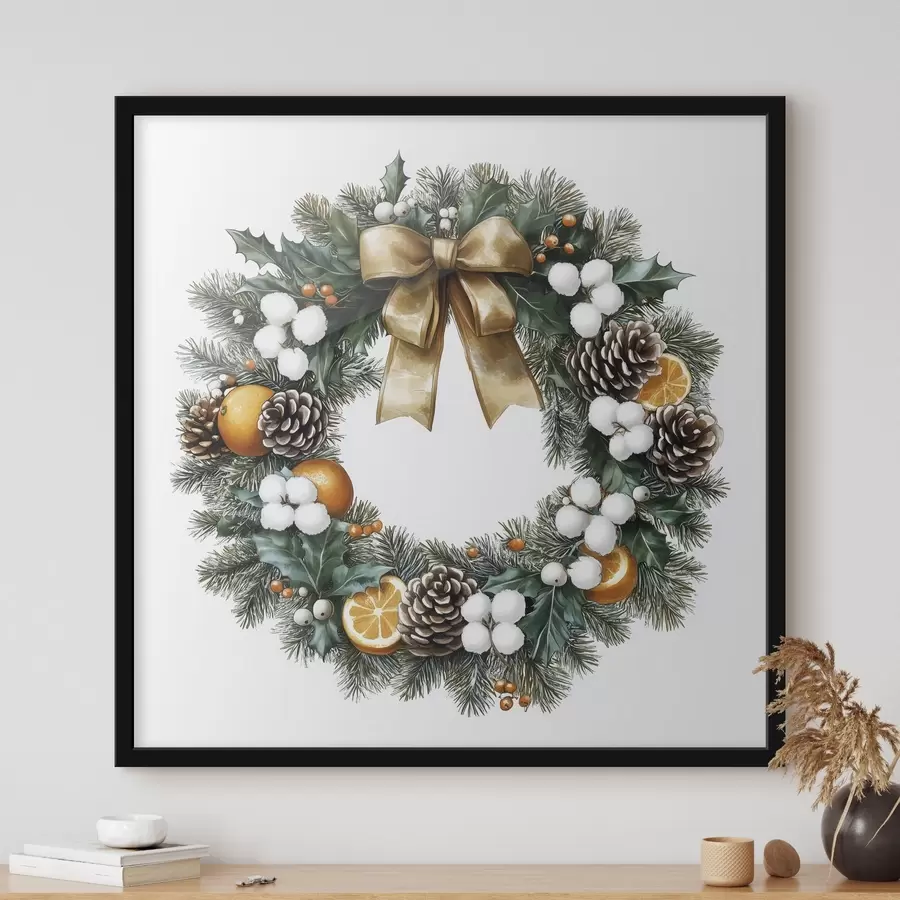 murales de pared Corona navideña de pino con lazo, algodón, naranjas, bayas y piñas f41962