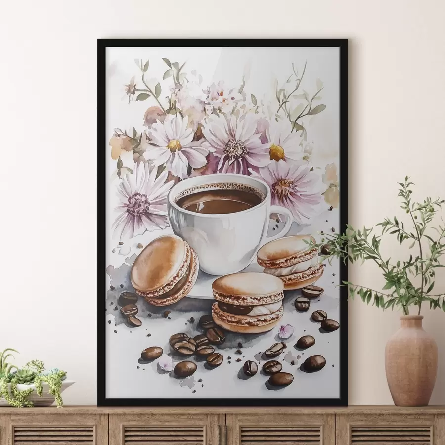 murales de pared Taza de café con macarrones, flores rosas, estilo acuarela, granos de café f41963