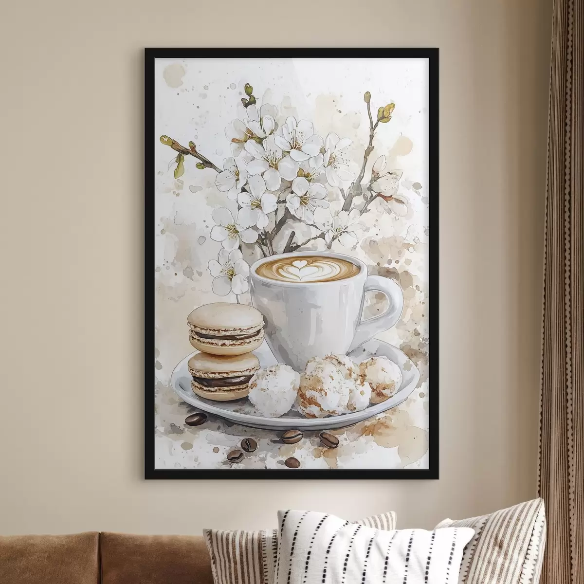Poster Hermosa taza de café, flores de jazmín, macarrones, suaves colores de acuarela f41964