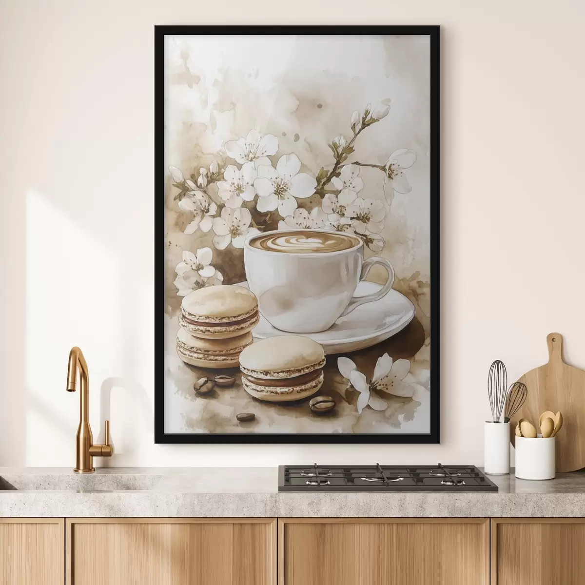 Poster Macarrones, taza de café, estilo acuarela, colores beige, flores de jazmín f41965