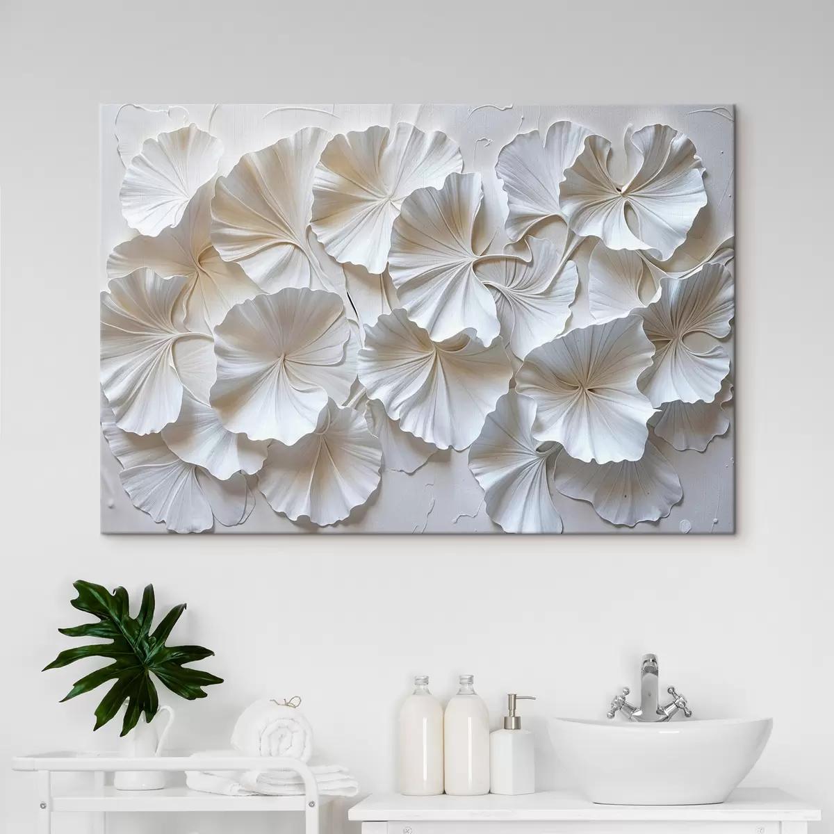 murales de pared Delicadas flores blancas dispuestas en un patrón natural y orgánico sobre un fondo claro s39510