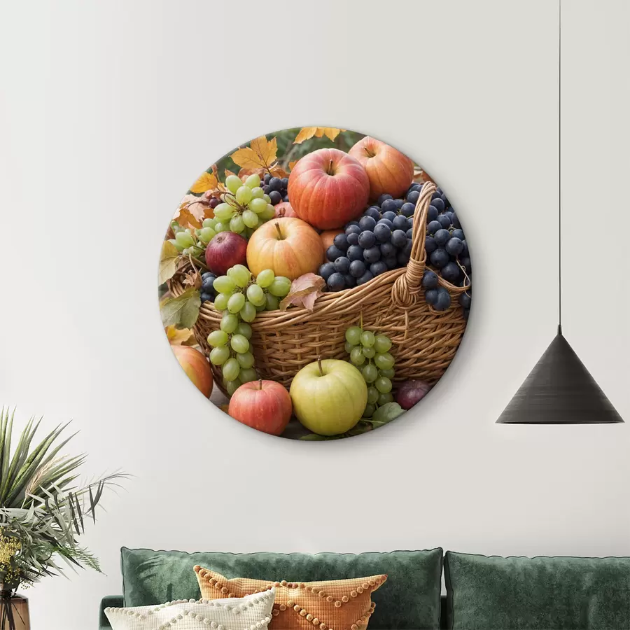 murales de pared Una canasta llena de diversas frutas de otoño, incluidas manzanas, uvas y peras, rodeadas de hojas caídas r40409