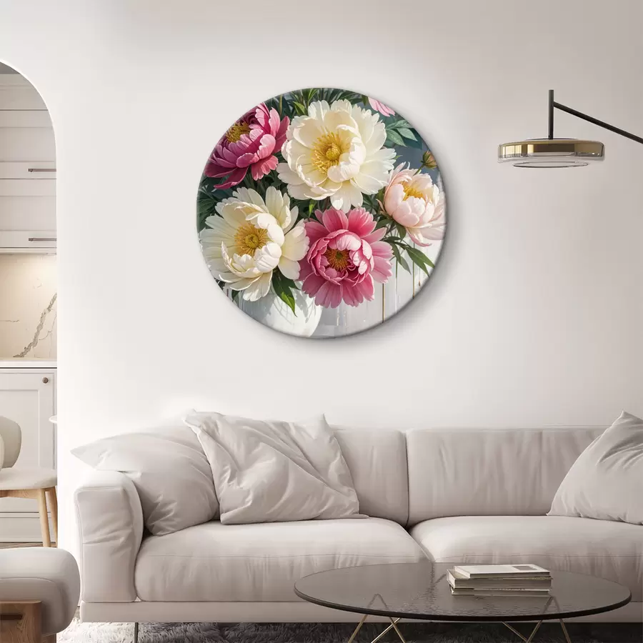 murales de pared Un ramo de flores de peonía vibrantes en varios tonos de rosa, blanco y amarillo con salpicaduras de pintura r40403