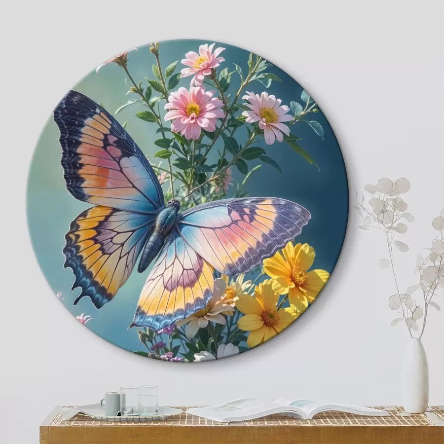 murales de pared Una mariposa grande y colorida posada en un ramo de flores rosas y amarillas sobre un fondo verde oscuro r40411