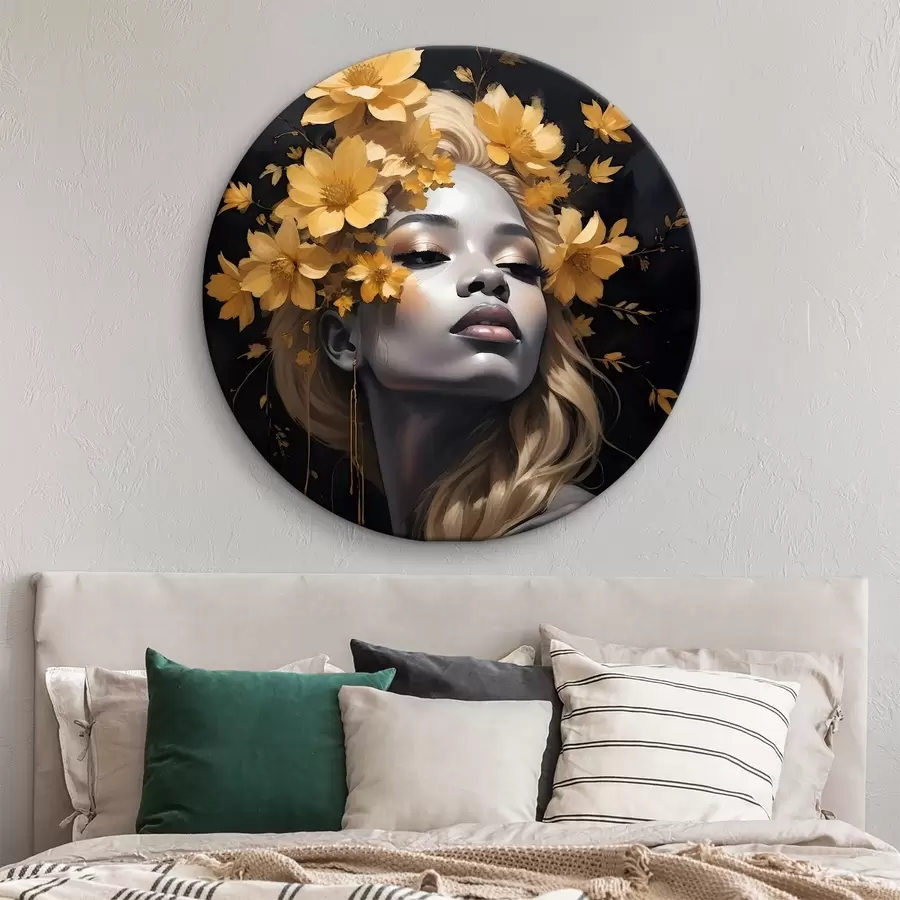 murales de pared Retrato de mujer joven rodeada de hojas amarillas de otoño sobre fondo oscuro r38834