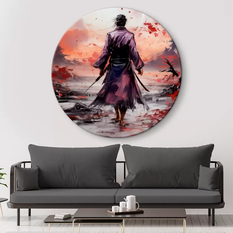 murales de pared Un samurai con una espada en una capa púrpura camina hacia la pintura de arte abstracto de las montañas r39194
