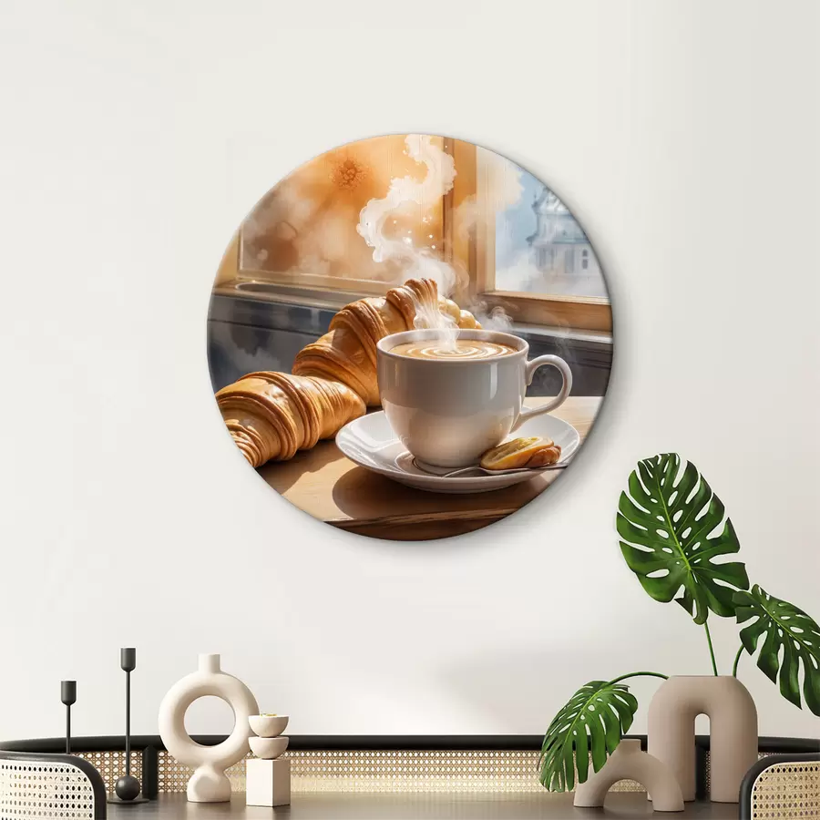 murales de pared Una taza de café caliente con vapor elevándose, colocada sobre una mesa junto a un croissant, con vista a un edificio histórico r40405
