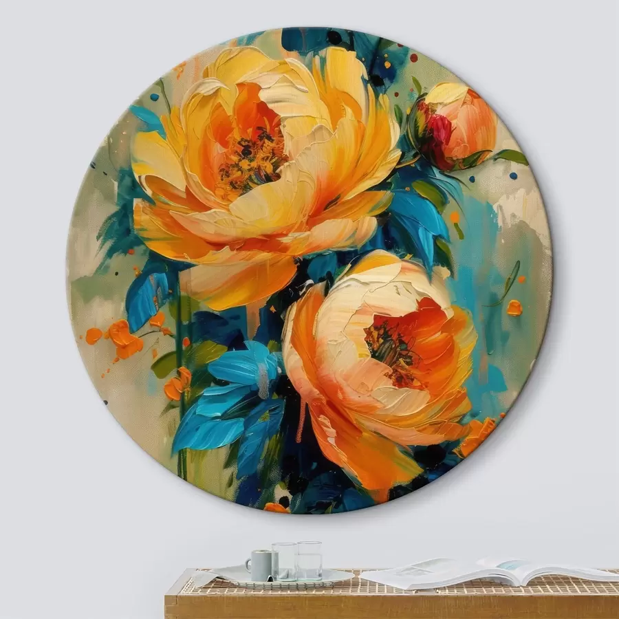 murales de pared Pintura abstracta en tonos beige, amarillo, azul, verde salvia con toques de naranja, peonías vibrantes en verano r39472