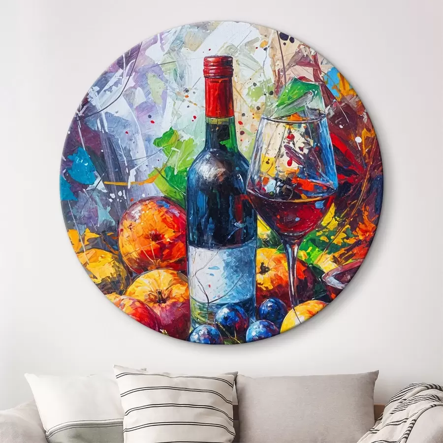 murales de pared Bodegón abstracto con una botella de vino, una copa de vino y frutas coloridas con toques de varios colores r38958