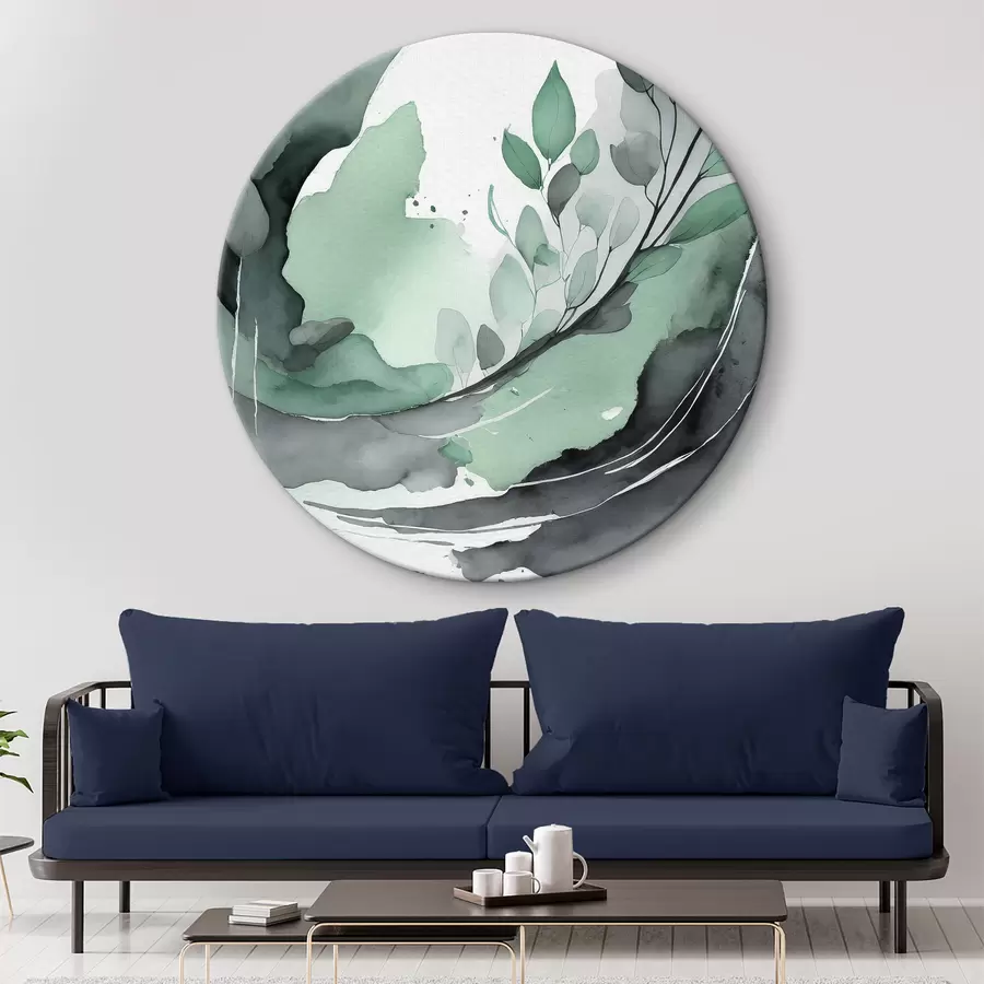 murales de pared Dibujo abstracto en acuarela con una planta, colores verdes y grises naturales r36502