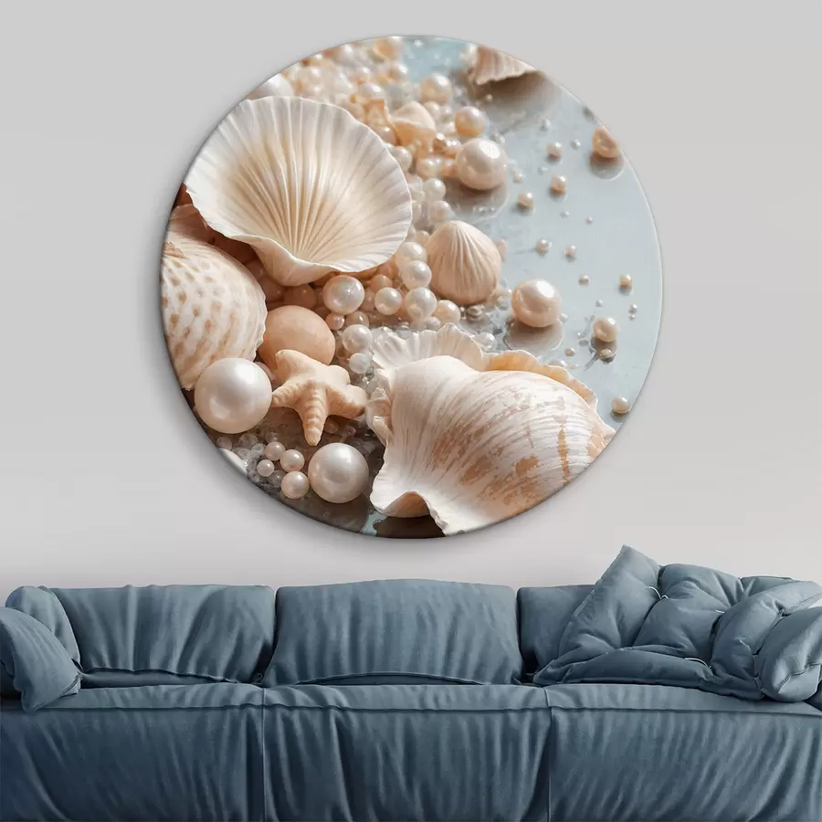 murales de pared Surtido de conchas y perlas sobre un fondo azul claro r38769