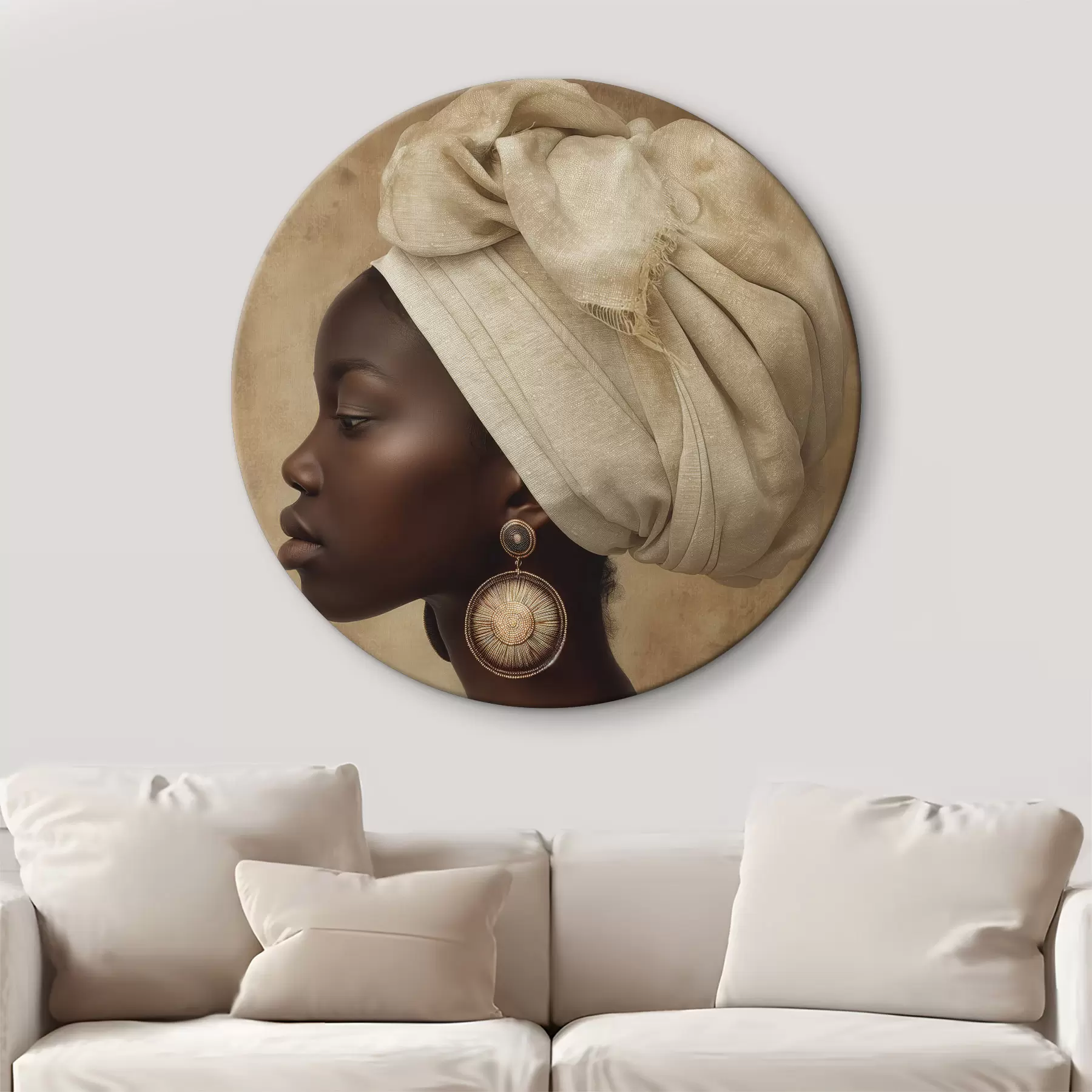 murales de pared retrato beige de una mujer de estilo africano de perfil con grandes pendientes r26120