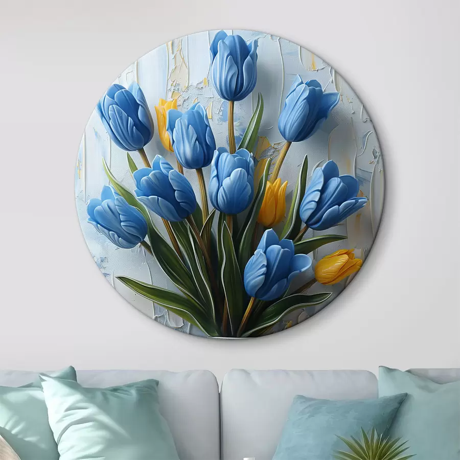 murales de pared Tulipanes azules y amarillos en 3D: elegante cuadro pintado al óleo con fondo blanco y azul claro y jarrón grabado r39637