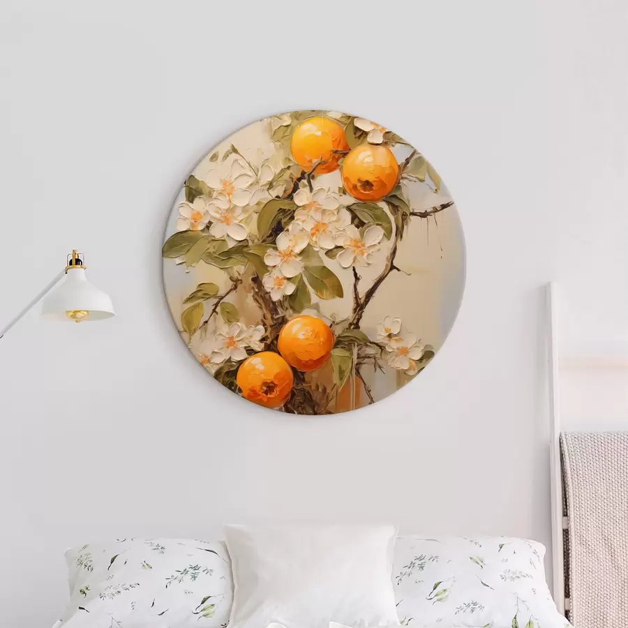 murales de pared Rama con flores blancas y naranjas sobre un fondo gris-beige r40486