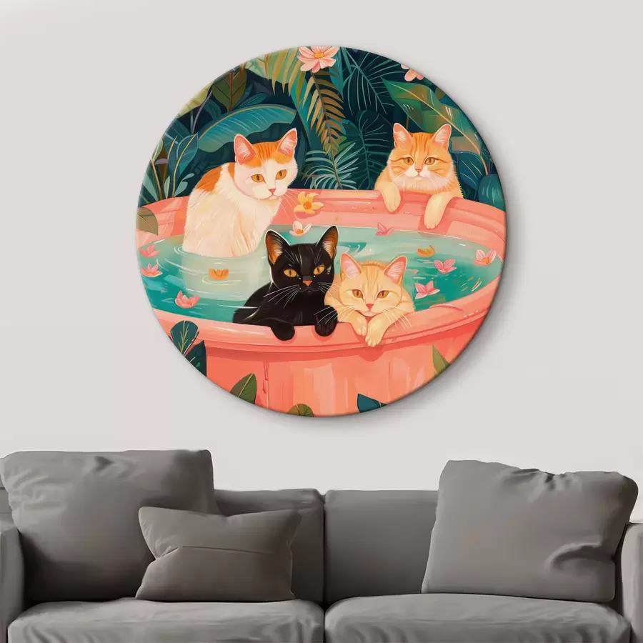 murales de pared Gatos en un baño rosa con hojas verdes, ambiente selvático r39465