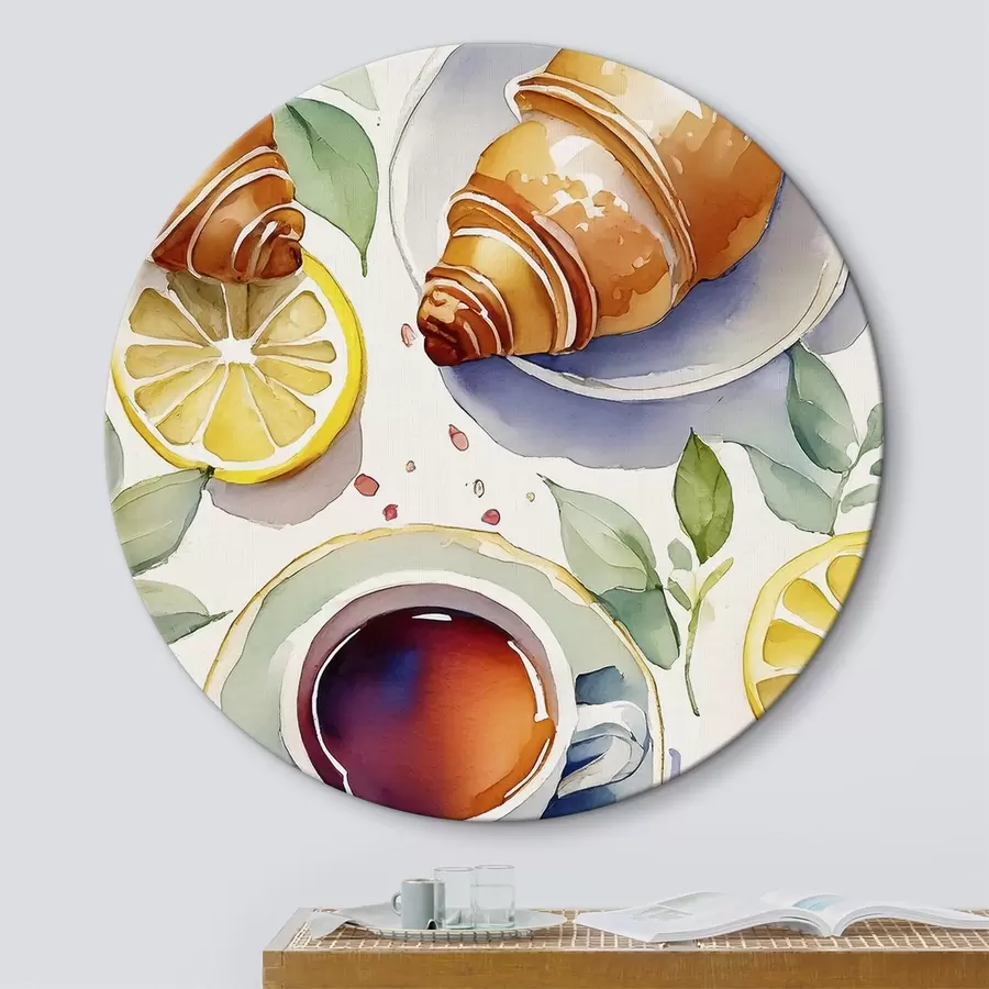 murales de pared Acuarela de croissant, taza de té, desayuno, limones, estilo rústico r38389
