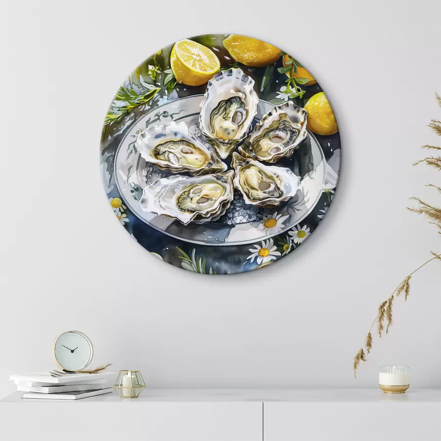 murales de pared Ostras elegantes en el plato, limones y flores, colores de verano, mediterráneo r39710