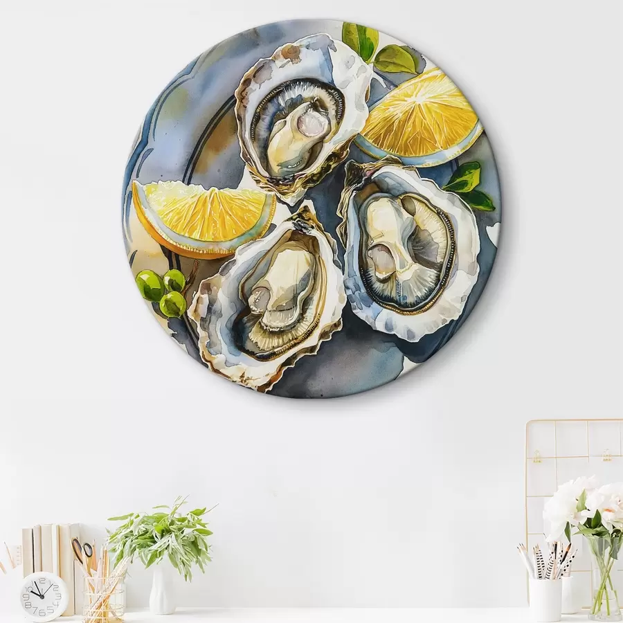 murales de pared Ostras elegantes en el plato, acuarela, limones, colores naturales, mediterráneo r39711