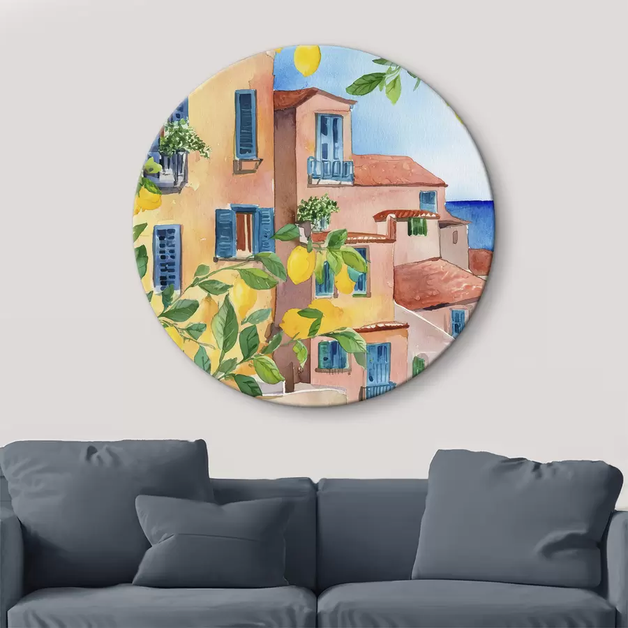 murales de pared Arquitectura de la ciudad italiana, costa del mar, verano, acuarela, limonero r38395