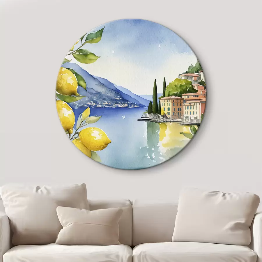 murales de pared Lago italiano, verano, acuarela, paisaje natural, limones, arquitectura de la ciudad r38394