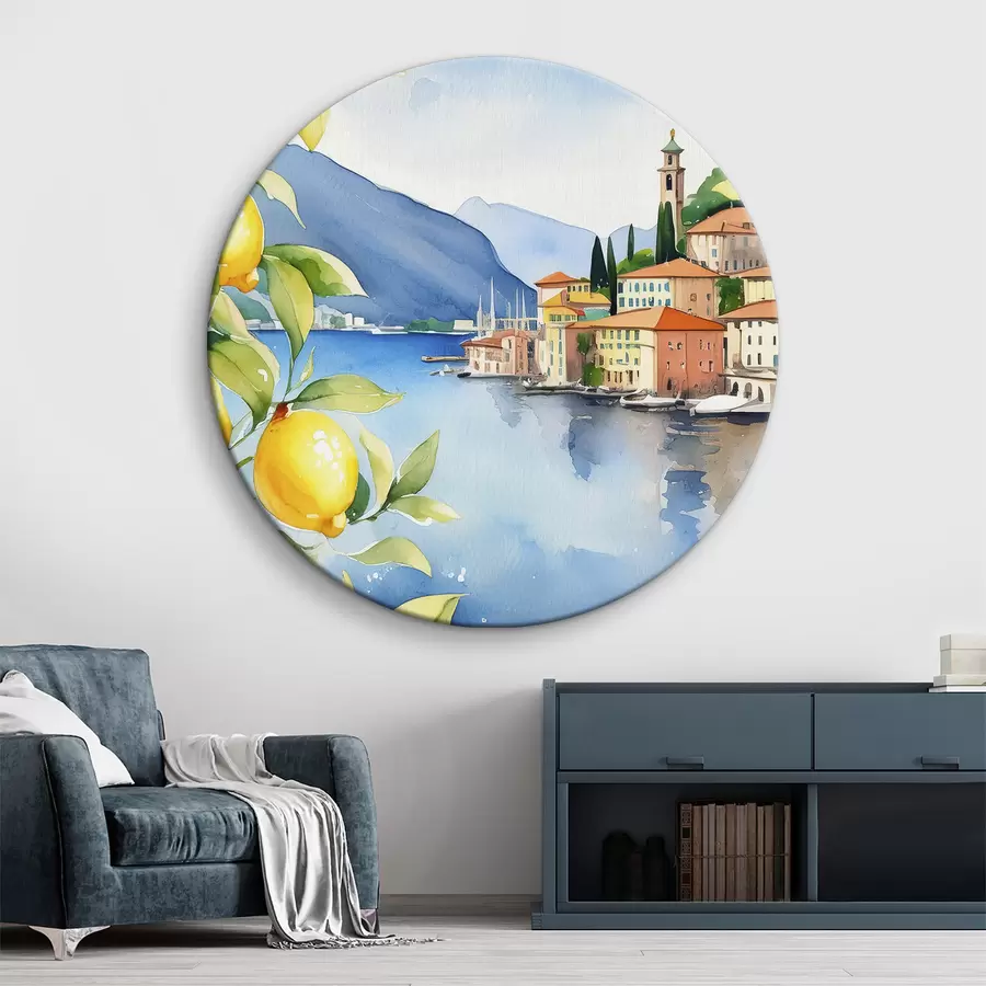murales de pared Lago italiano, verano, acuarela, paisaje natural, limones, arquitectura de la ciudad r38397