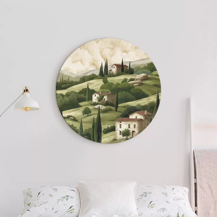 murales de pared Paisaje con casas vintage, colores verde pastel, dibujo acrílico, rústico r40080