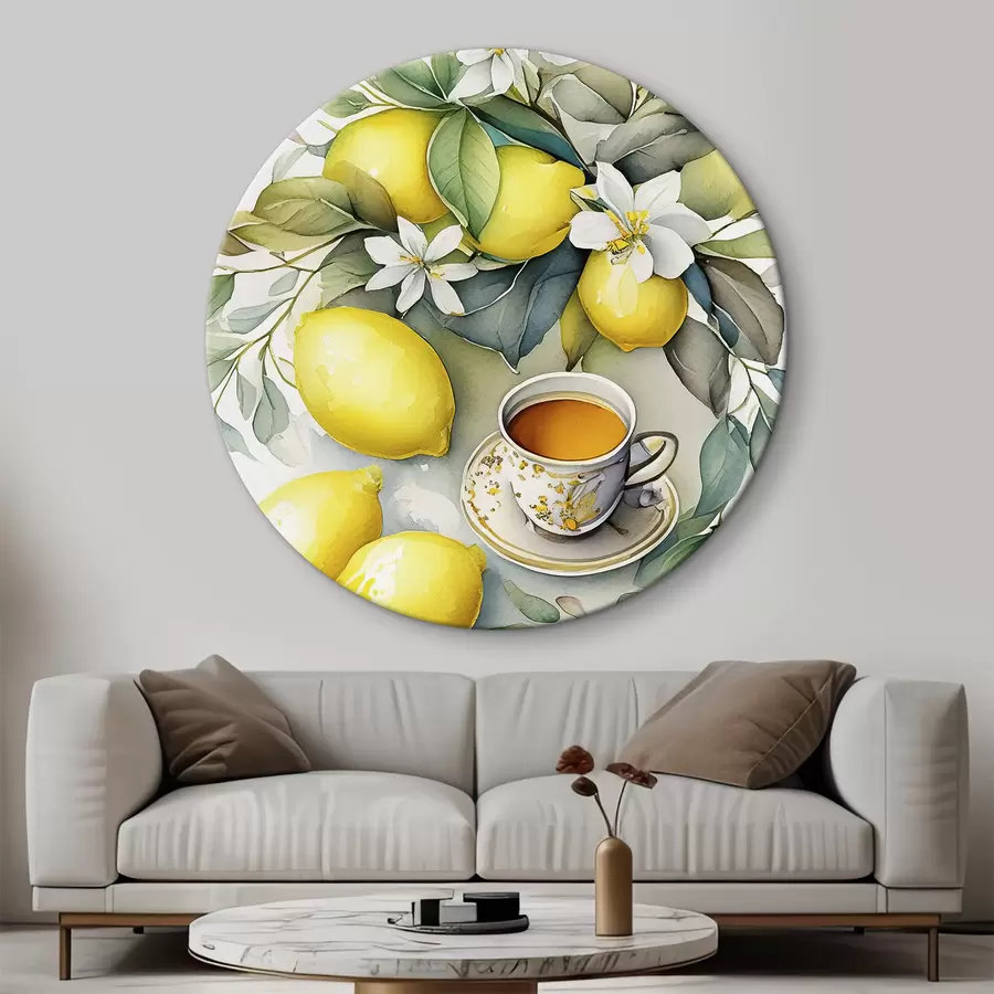 murales de pared Limones y flores, acuarela, desayuno, taza de té, estilo bohemio r38403
