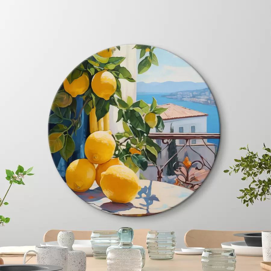 murales de pared Limones en un árbol y una mesa en el balcón de un hotel con vistas al mar, imitación de pintura al óleo r40091