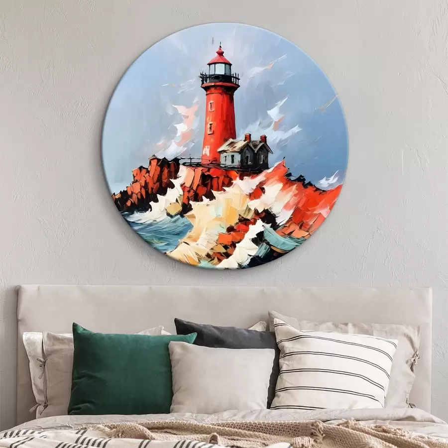 murales de pared Pintura de un faro rojo erguido sobre un acantilado rocoso, rodeado de olas y un cielo tormentoso r39392