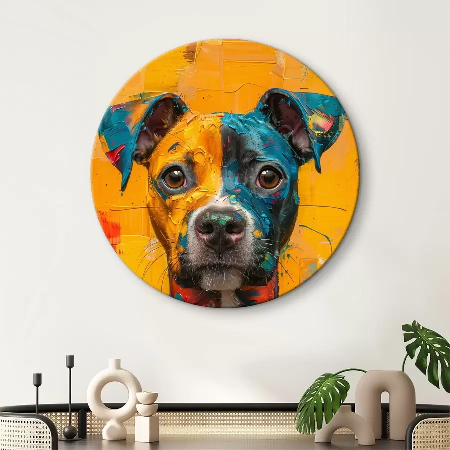murales de pared Retrato de un Pitbull con pinceladas de óleo amarillas y azules r39722