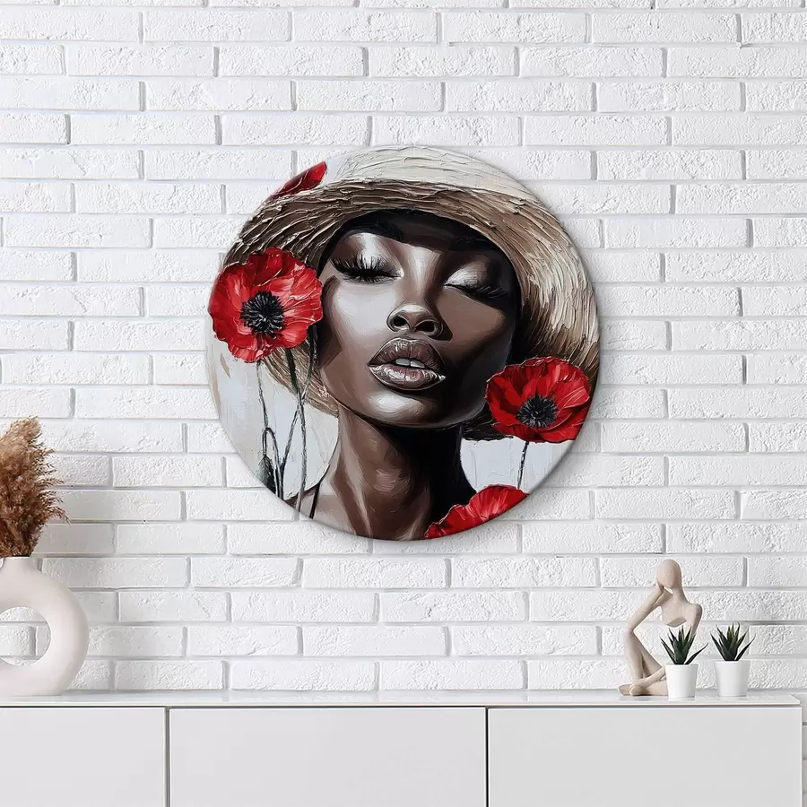 murales de pared Retrato de una mujer con sombrero con amapolas rojas r40350
