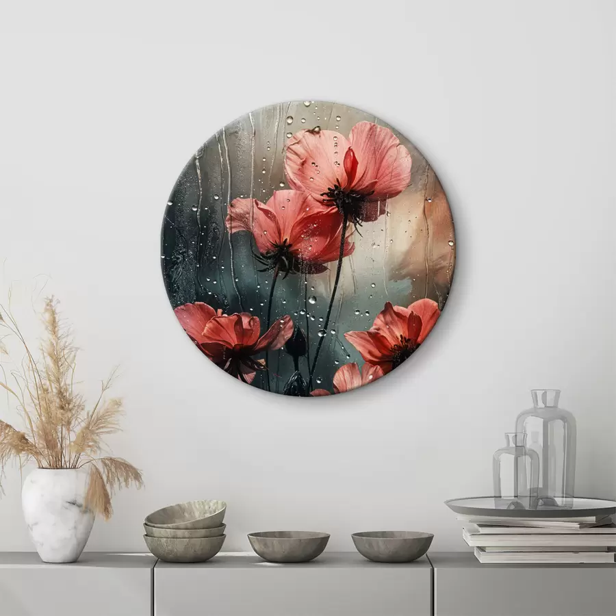 murales de pared Flores rojas con gotas de agua sobre un fondo borroso r40412