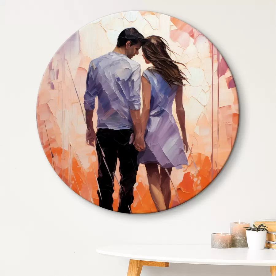 murales de pared Silueta de una pareja enamorada, pintura abstracta, chica y chico, color rosa, naranja, morado, negro r39124
