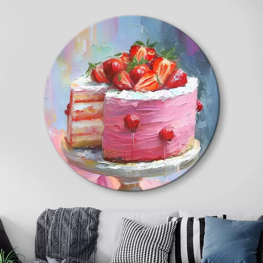 murales de pared Pastel de fresa con crema, pintura al óleo, grandes pinceladas, bayas de verano, colores rosados r38499