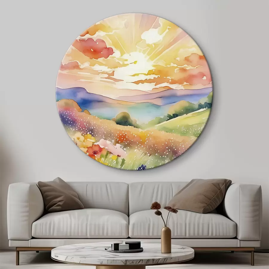 murales de pared Puesta de sol en el campo de verano, flores, sol, cielo colorido, nubes, naturaleza r38842