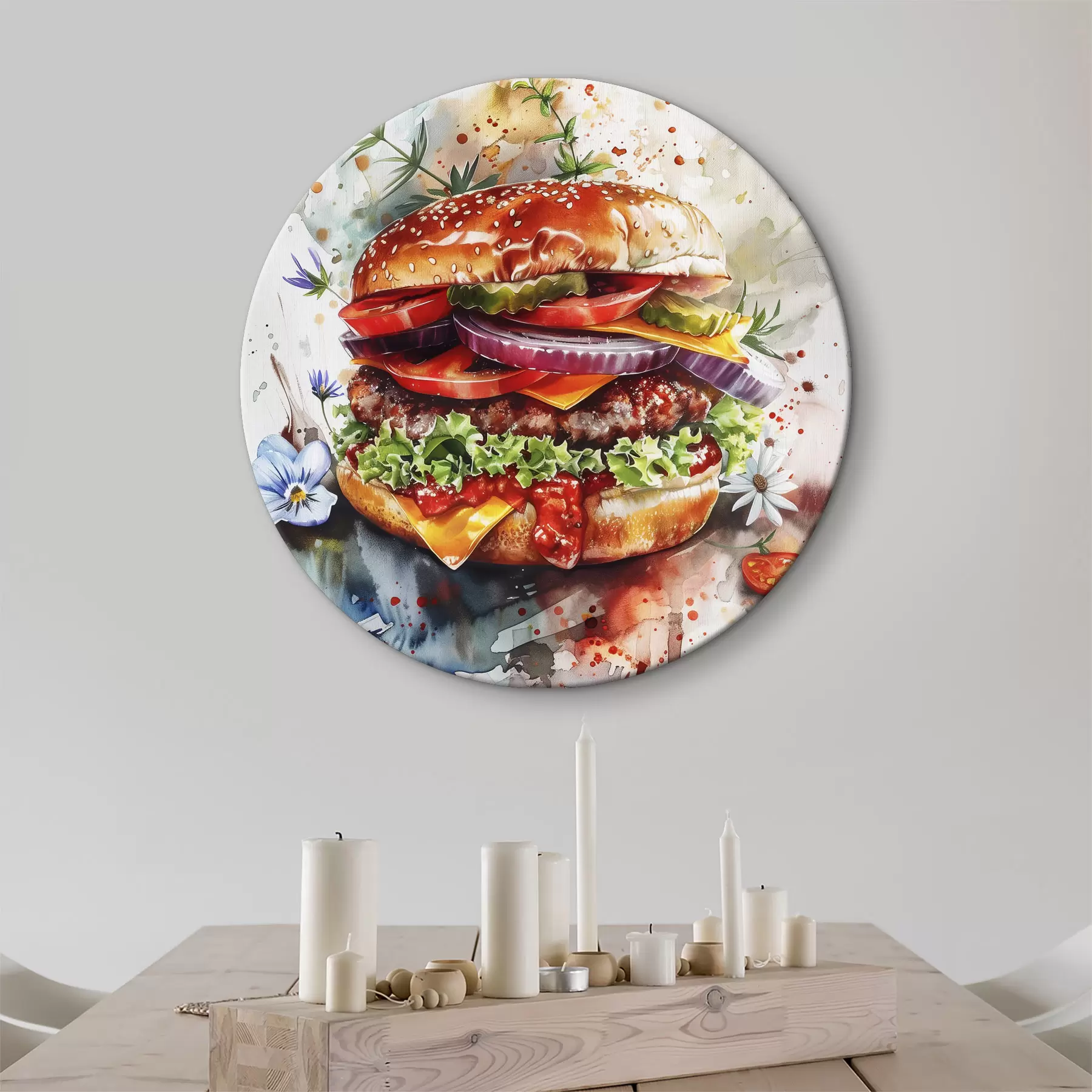 murales de pared Sabrosa hamburguesa con carne, floral, acuarela, arte gastronómico r39699