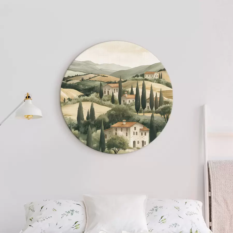 murales de pared Paisaje de la Toscana con casas antiguas, colores pastel, colinas y árboles, rústico r40082
