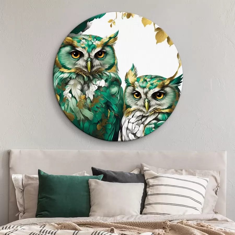 murales de pared Dos búhos verdes en hojas doradas r37569