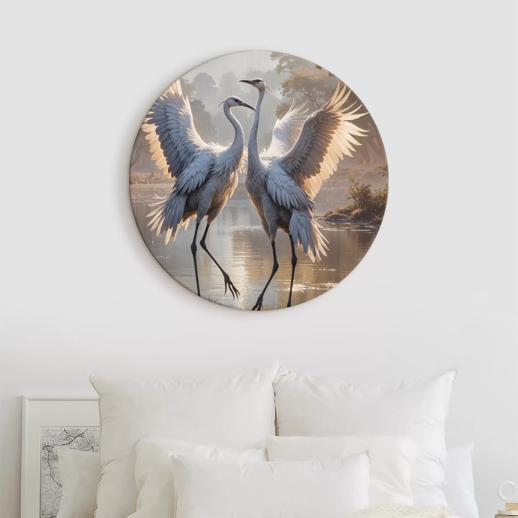 murales de pared Dos grandes grullas grises con cuellos largos y alas extendidas de pie en un lago brumoso rodeado de árboles r40404