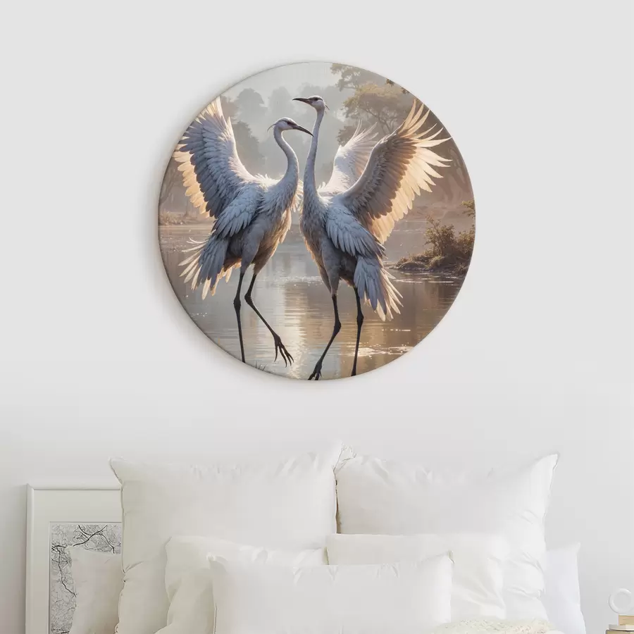 murales de pared Dos grandes grullas grises con cuellos largos y alas extendidas de pie en un lago brumoso rodeado de árboles r40404