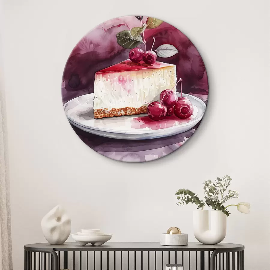 murales de pared Tarta de queso acuarela con cerezas, arte gastronómico elegante, colores rojo y morado r39700
